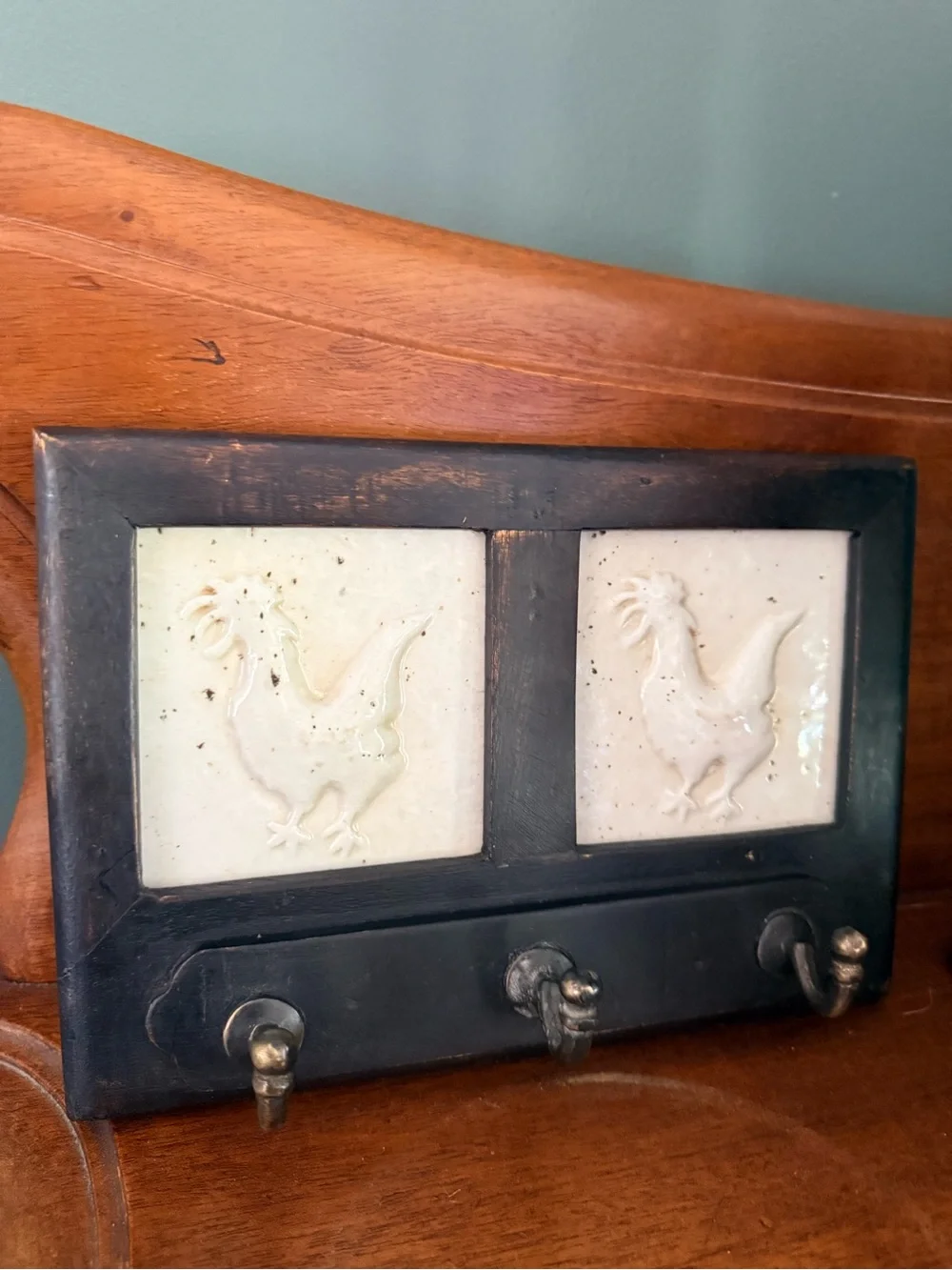 Rustic Black Wall 3 Hook Panel with ivory Rooster Tile Accents 10”